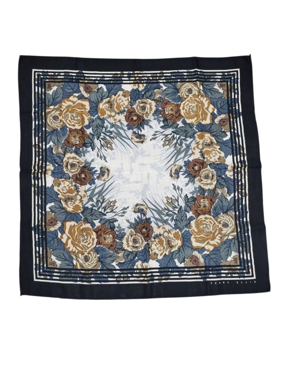 Perry Ellis Vintage 100% Wool Navy Cream Rose Floral Print Scarf 34" x 34" Japan
